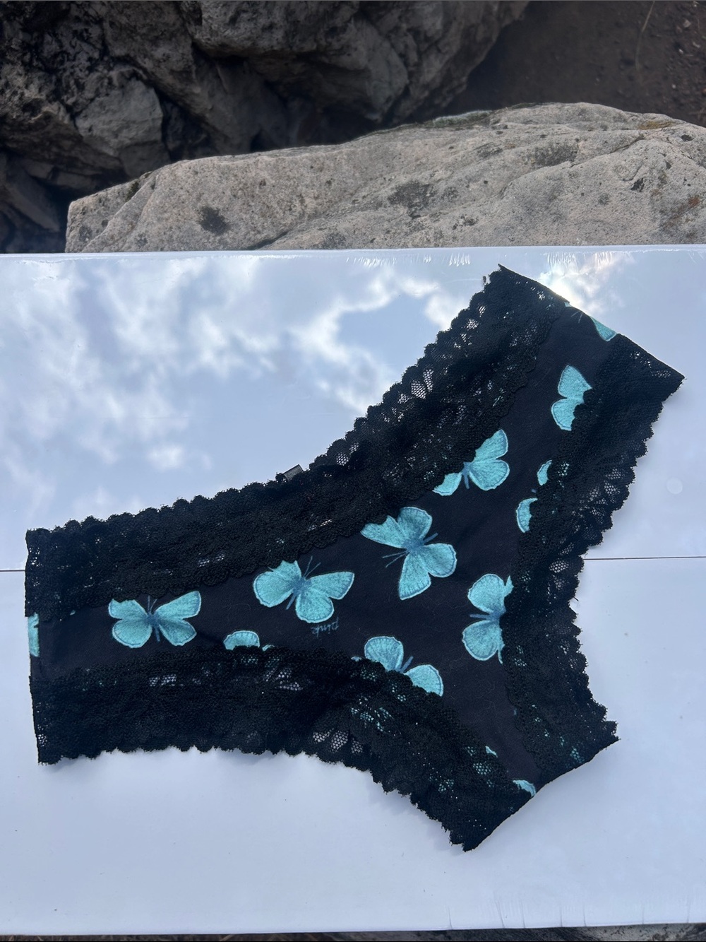 PINK Victoria's Secret Black Lace Briefs Light Blue Butterfly